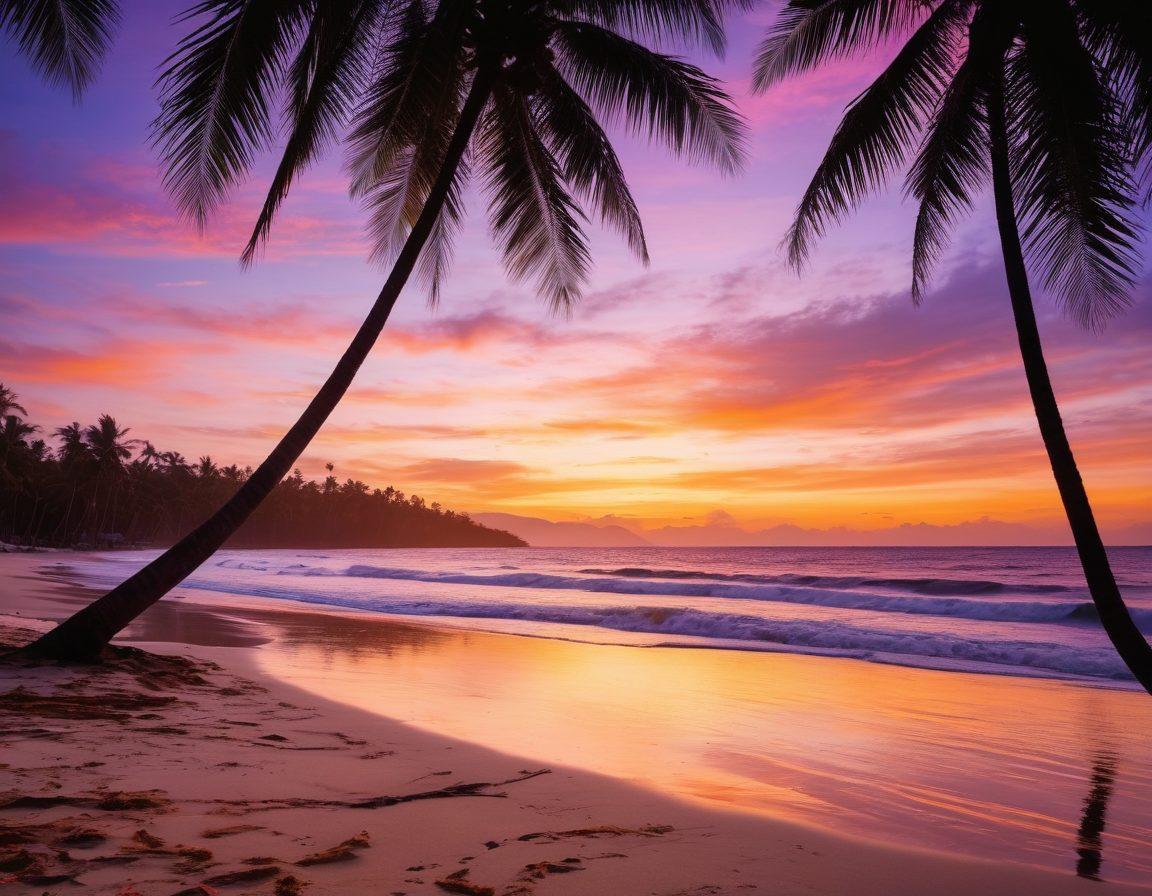A captivating scene of a beautiful Filipino landscape at sunset, with silhouettes of tropical palm trees and gentle waves lapping at the shore, interwoven with ethereal, sensual imagery that hints at eroticism, such as soft flowing fabrics and delicate flower petals. The colors should be warm and inviting, evoking a sense of desire and mystery. super-realistic. vibrant colors. tropical theme.