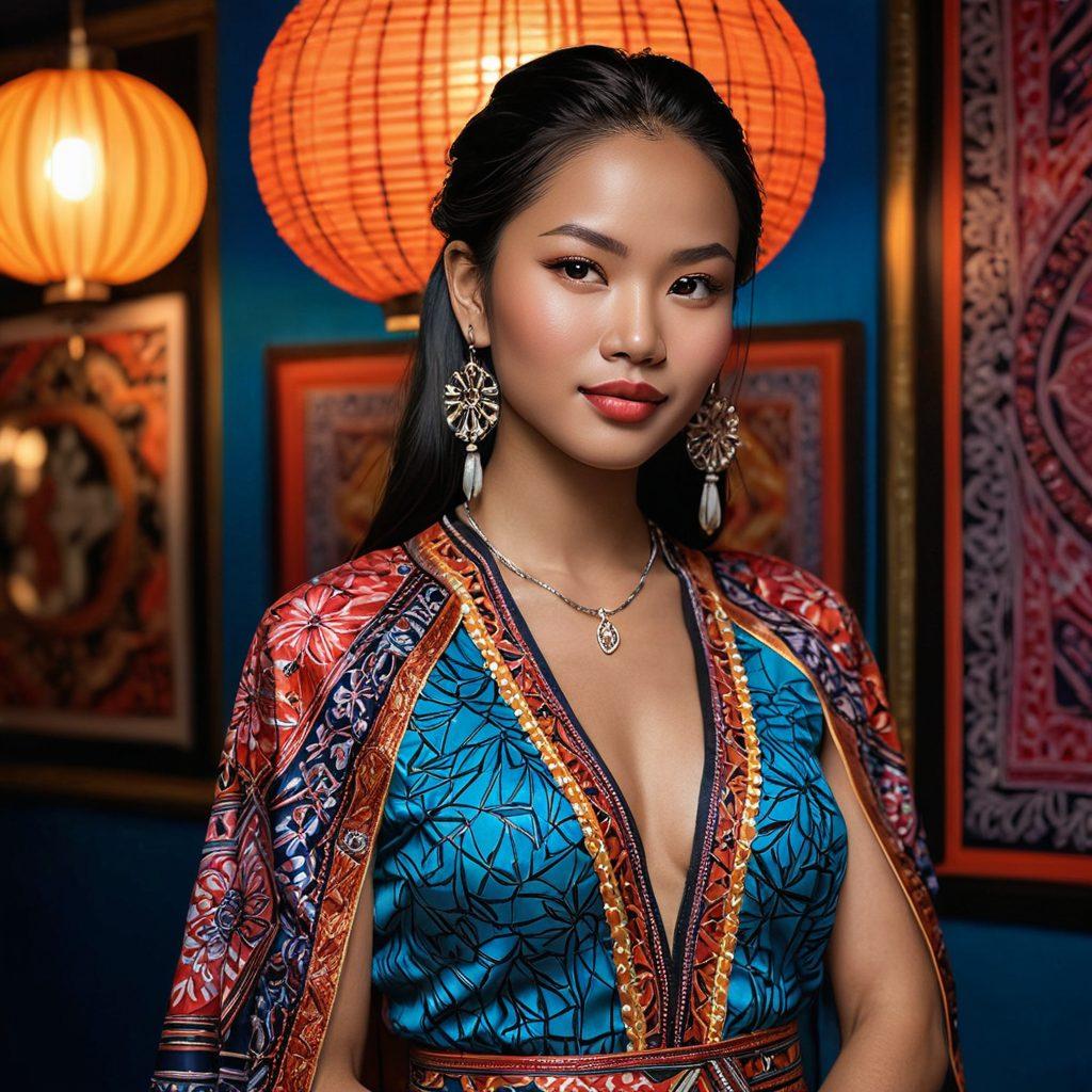 A vibrant, artistic depiction of a confident Filipina woman embracing her sensuality, surrounded by elements of modern Asian culture such as traditional textiles and contemporary urban motifs. The background features hints of neon lights and soft shadows to create an atmosphere of allure and intrigue, while the woman wears a stylish, elegant outfit that balances tradition and modernity. Playful, colorful accents should highlight themes of empowerment and celebration of femininity. super-realistic. vibrant colors. modern art.
