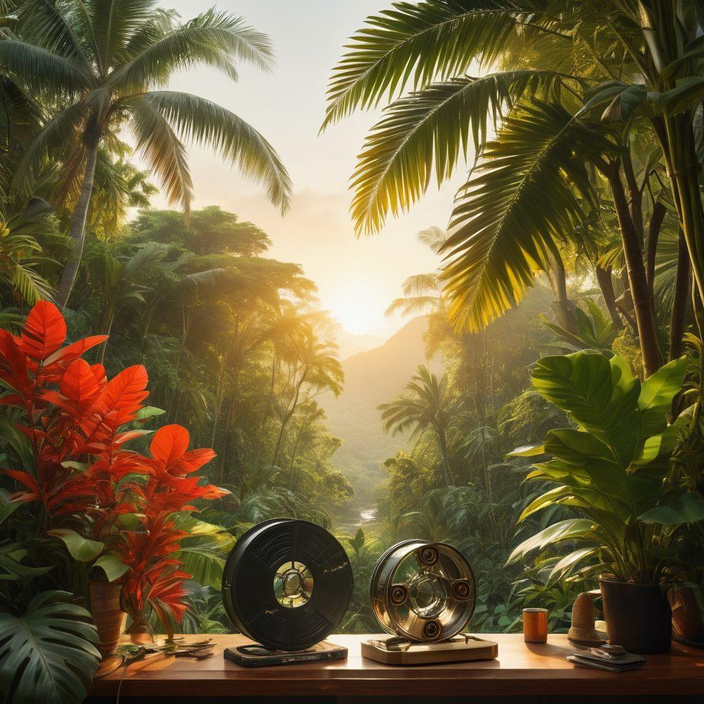 A sensual yet artistic depiction of a lush Filipino landscape with vibrant tropical foliage, subtly highlighting a film reel symbolizing erotic videos. Overlayed are abstract shapes representing reviews and insights, creating a sense of curiosity and exploration. The color palette should be warm and inviting with shades of green, gold, and hints of red. super-realistic. vibrant colors. soothing background.